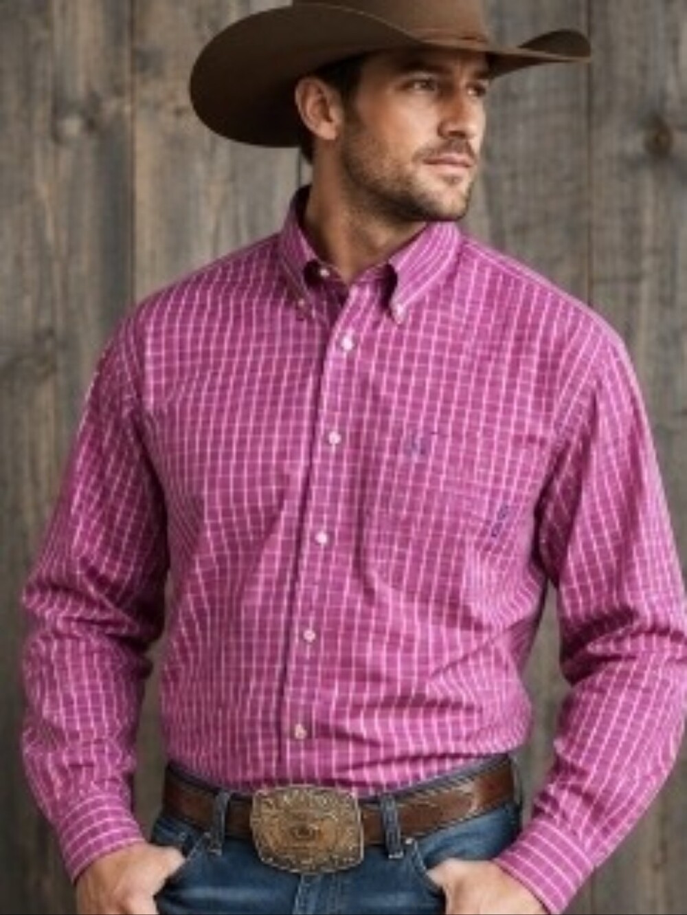 Ariat Men’s Pink Plaid Button-Down Western Shirt